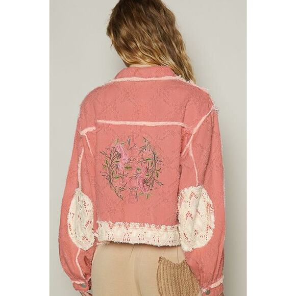 POL Vintage Wash Crochet Patch Embroidered Button Up Long Sleeves Jacket | Pink - Picture 3 of 6